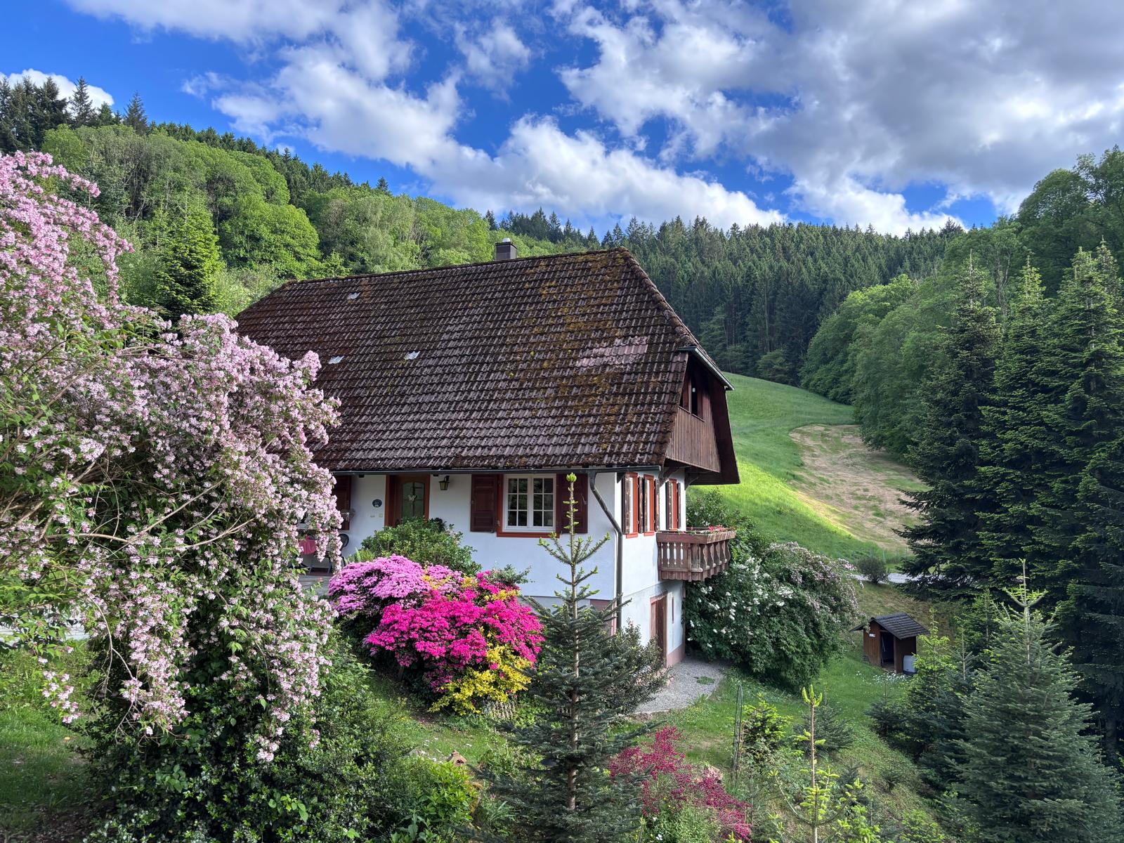 Ferienhaus mit Balkon, umgeben von Wald und Blumen