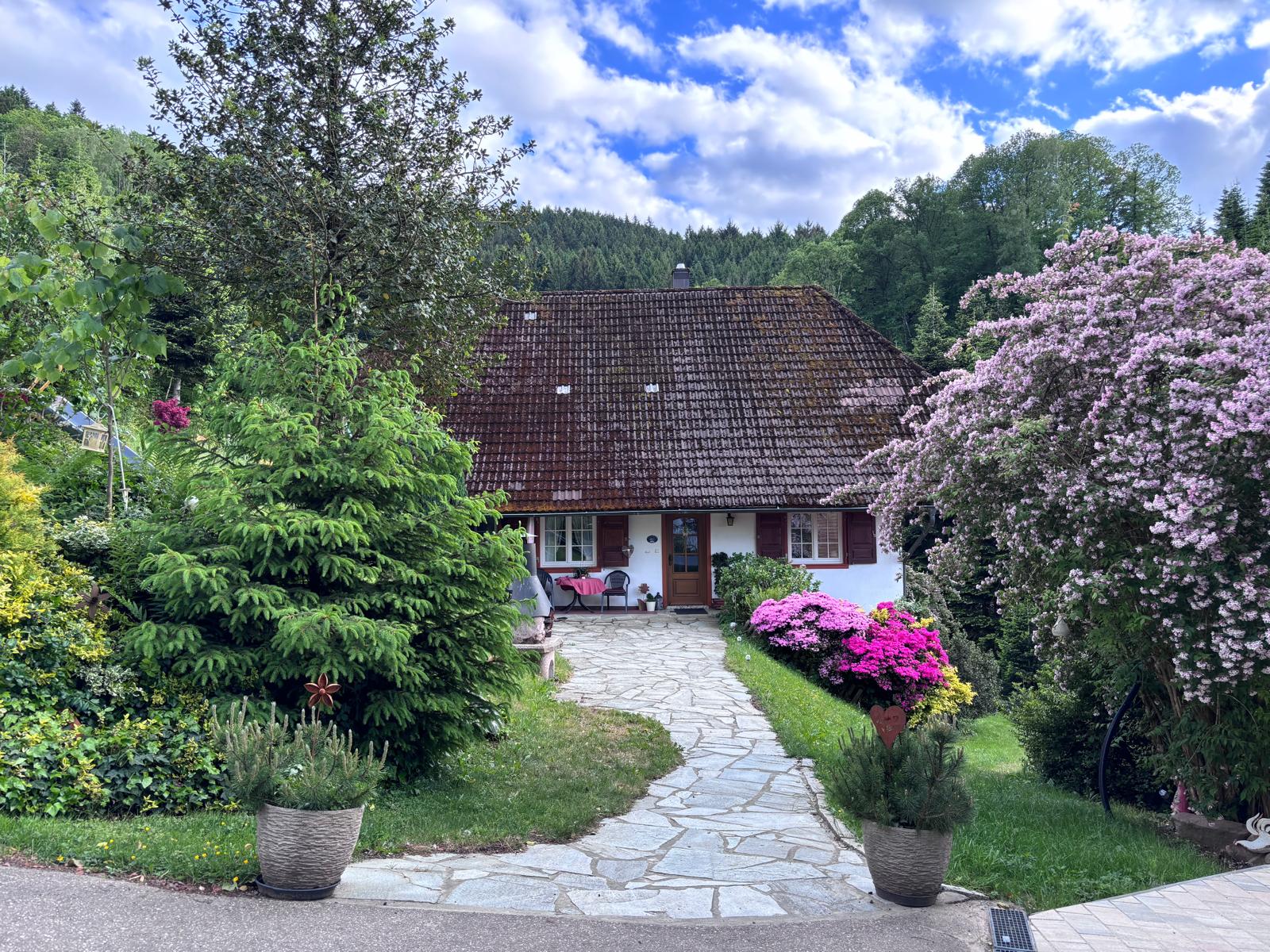Blühender Garten und Eingang zum Ferienhaus